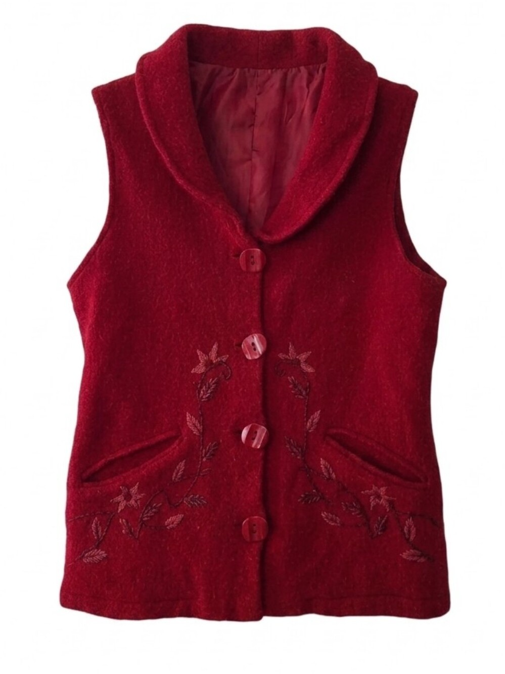​Vintage Boiled Wool Vest Red Floral Embroidered Cottagecore Chalet